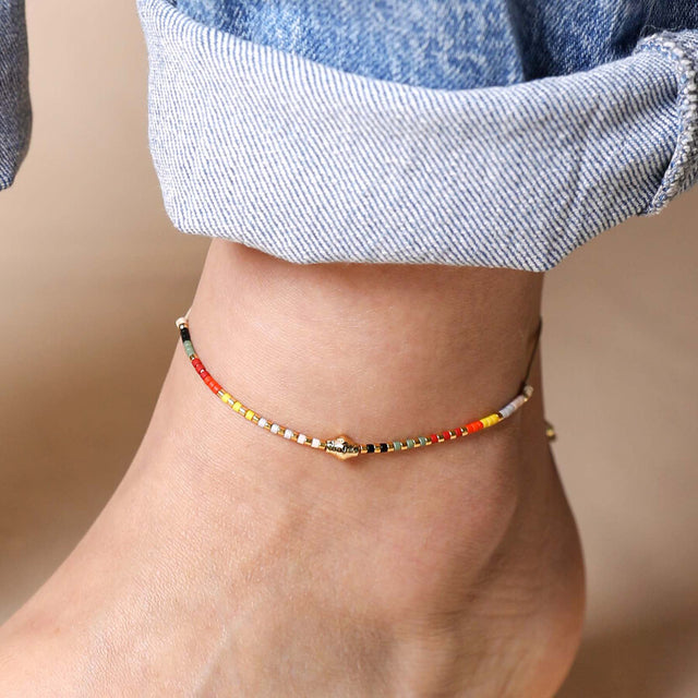 Lisa Angel Multi Colour Miyuki Bead Cord Anklet in Gold in Model