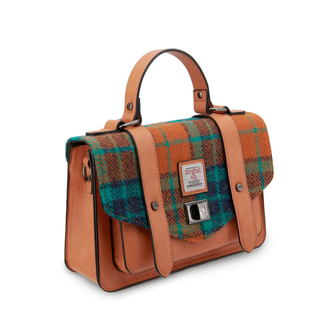 Islander Harris Tweed Orange and Blue Tartan Mini Satchel Side Facing