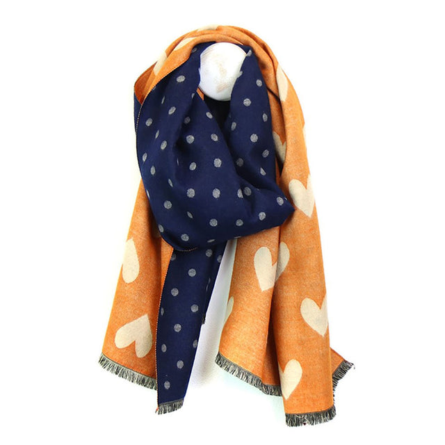 Navy and Orange Dot and Heart Print Jacquard Scarf Pom Boutique