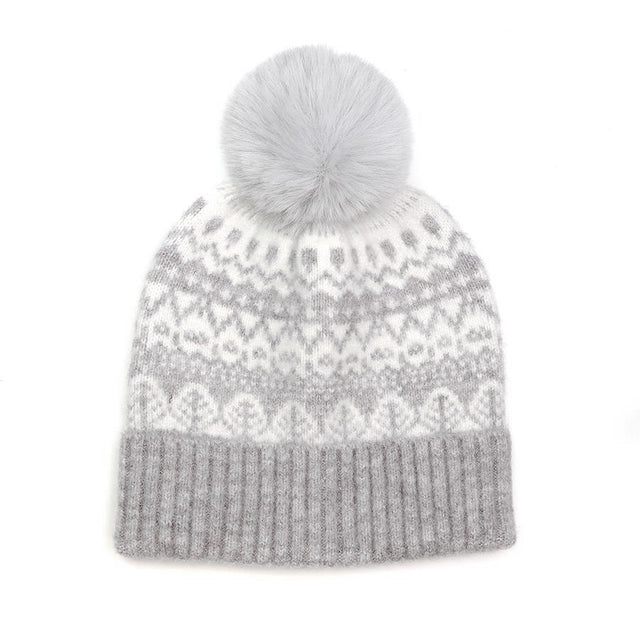 Pale Grey Fairisle Pom Pom Hat