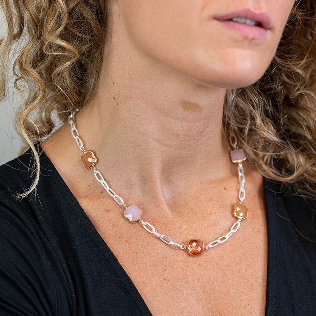 Peach and Pink Stones Link Chain Necklace Pom Boutique