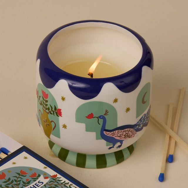 Misted Lime Peacock Ceramic Candle in Gift Box in Situ