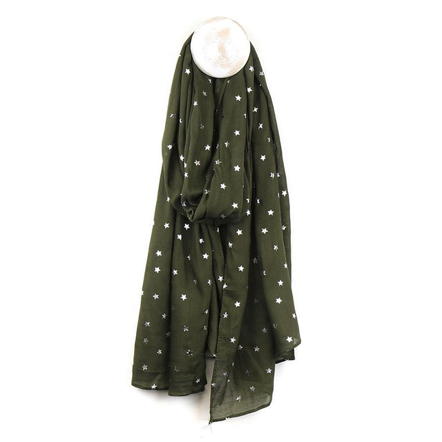 Pine Green Scarf with Metallic Star Print