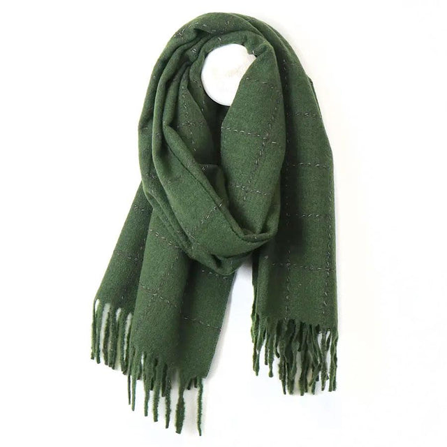 Pine Green Scarf with Running Check Stitch Pom Boutique