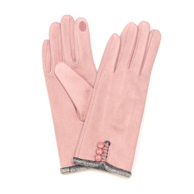 Pastel Pink Faux Suede Button Gloves with Faux Fur Trim