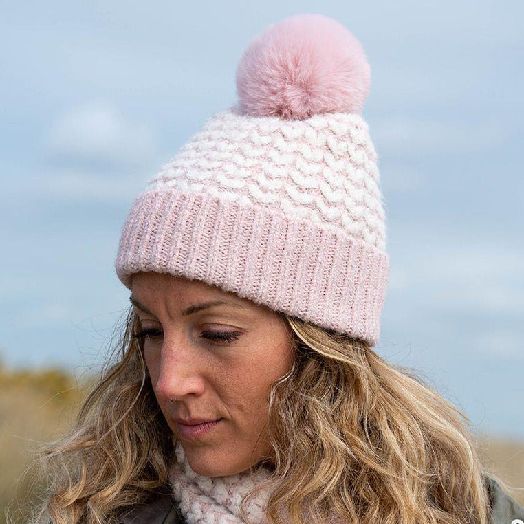 Pink Heart Pattern Faux Fur Pom Pom Knit Hat