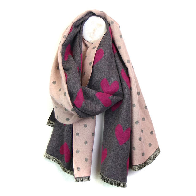 Pink and Grey Dot and Heart Jacquard Scarf Pom Boutique