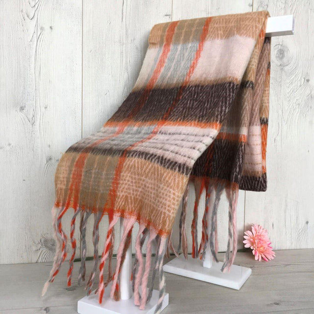 Pink, Brown and Orange Plaid Winter Scarf Reevo