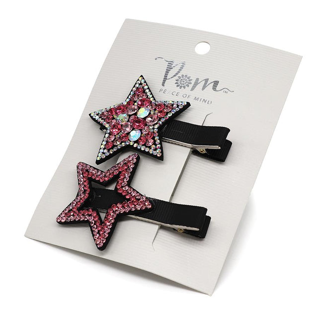 Pink Crystal Star Hair Clips Set