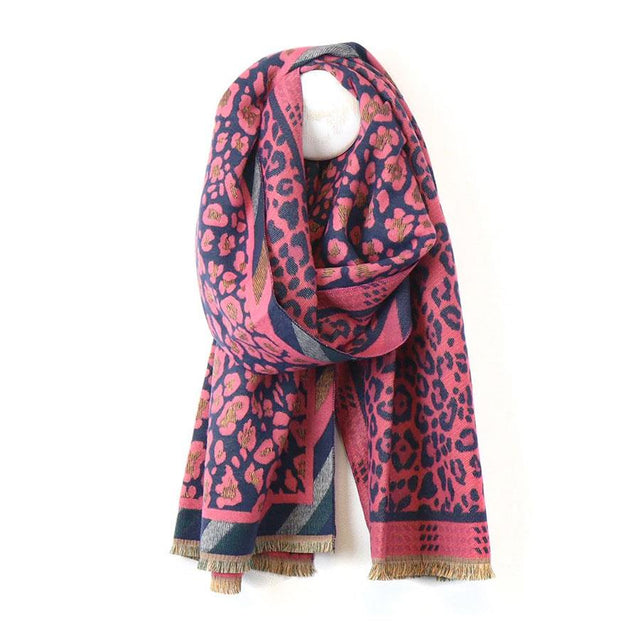 Pink and Navy Leopard Print Jaquard Scarf