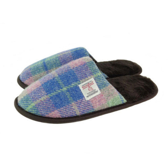 Harris Tweed Slippers in Faded Pink and Blue Tartan - Size 8 - Glen Appin
