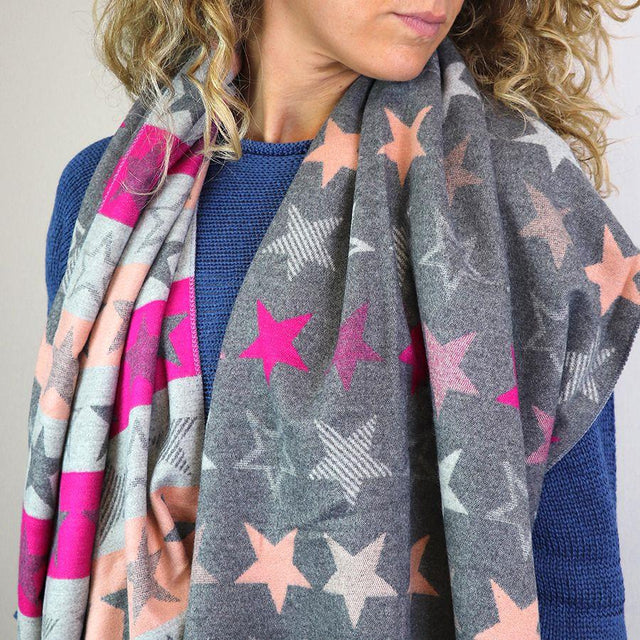 Pink and Grey Stars Jaquard Scarf Pom Boutique