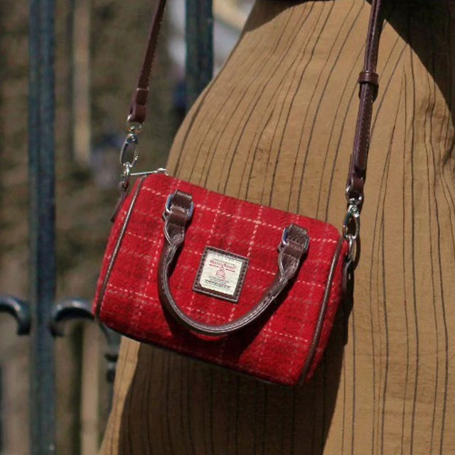 Glen Appin Harris Tweed Bowling Bag in Red Check on Model