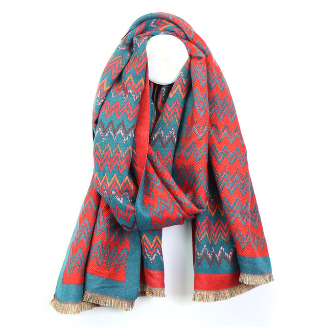Red and Turquoise Zigzag Jacquard Scarf Pom Boutique