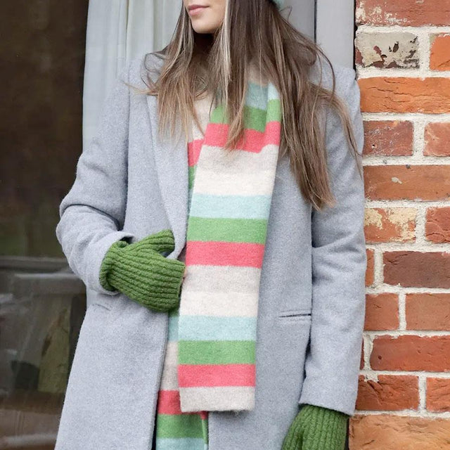 Red, Green & Beige Striped Knitted Scarf