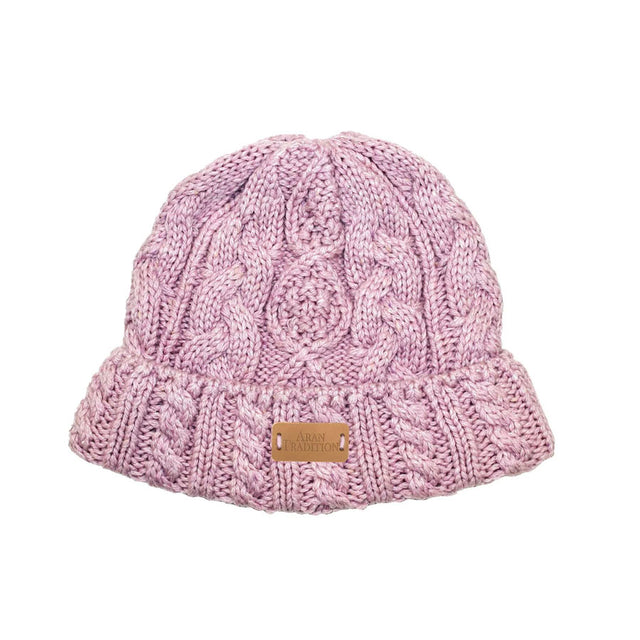 Rose Pink Aran Donegal Knit Beanie Hat