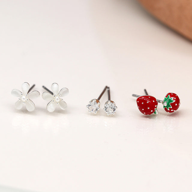 Pom Boutique Strawberries and Flowers Silver Stud Earrings Set