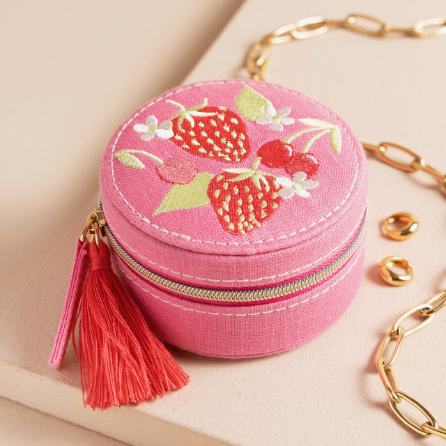 Lisa Angel Embroidered Strawberry Round Travel Jewellery Case in Pink