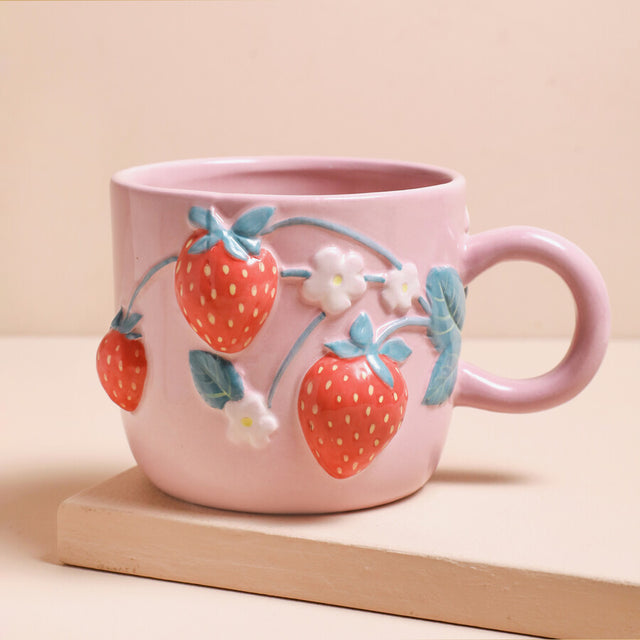 Lisa Angel Pink Embossed Strawberry Flowers Ceramic Mug