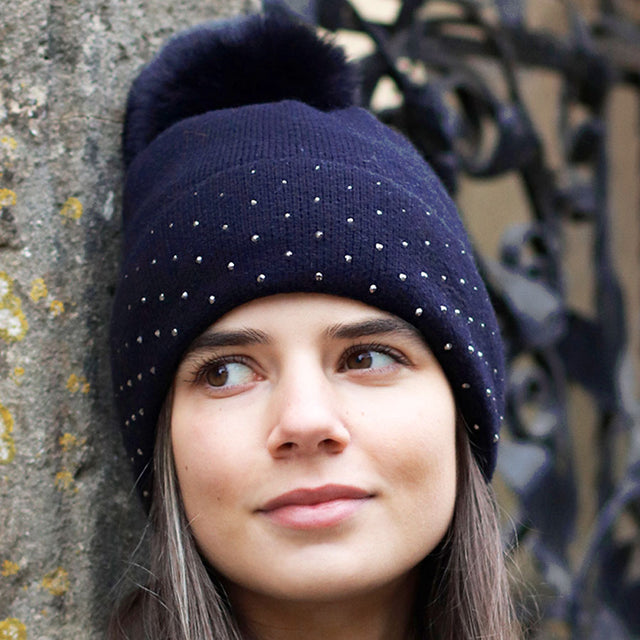 Navy Pom Pom Studded Hat