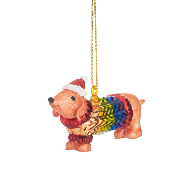 Sausage Dog in Rainbow Jumper Christmas Bauble Sass & Belle