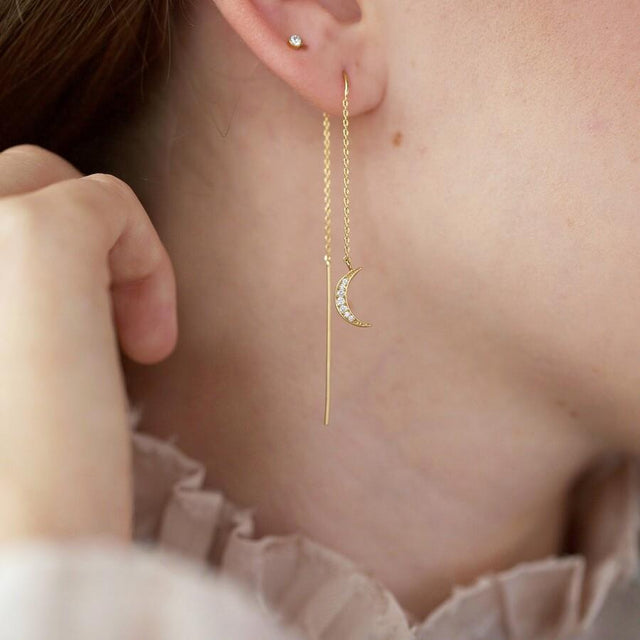 Thread Through Moon and Star Chain Earrings in Gold Lisa Angel