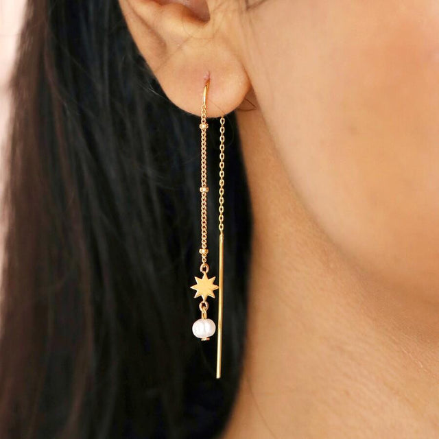 Thread Through Star and Pearl Chain Earrings Lisa Angel