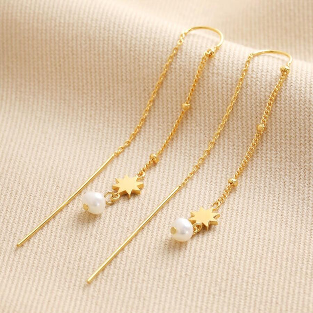 Thread Through Star and Pearl Chain Earrings Lisa Angel