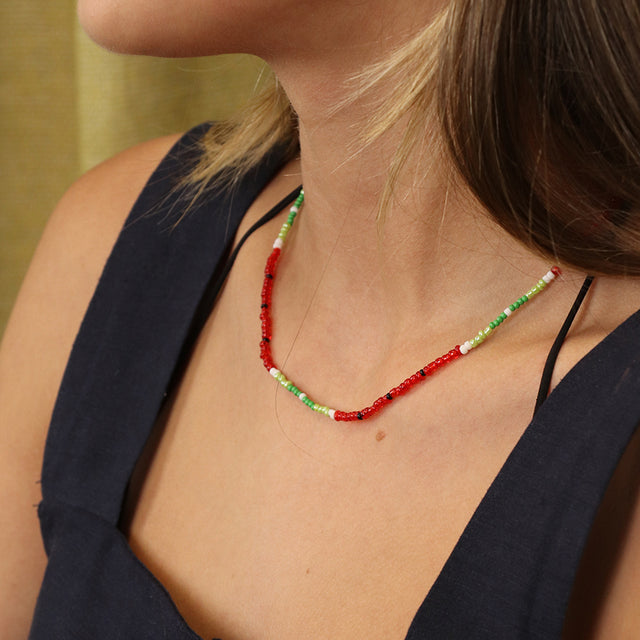 Pom Boutique Green and Red Watermelon Inspired Tiny Bead Necklace