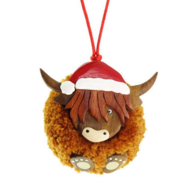 Wooden Christmas Cow Pom Pom Hanging Decoration