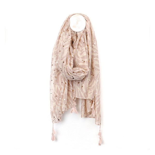 Mink Pastel Zebra Print Scarf with Foil Detail and Tassels