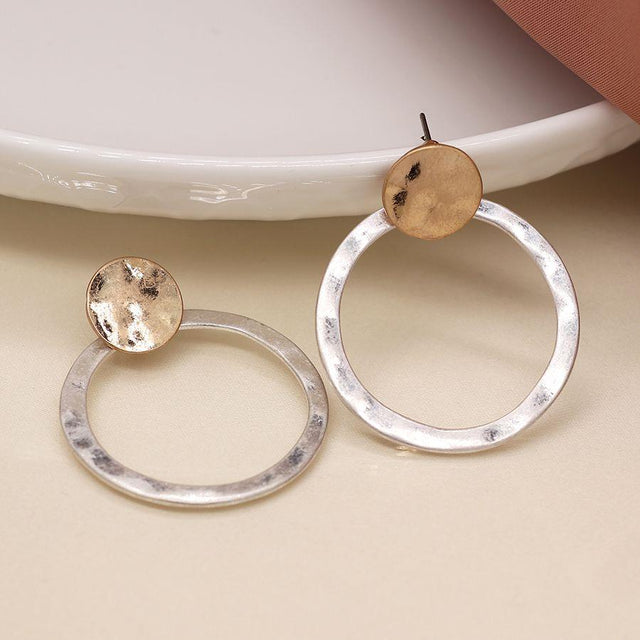 Pom Boutique Hammered Silver and Gold Worn Disc and Hoop Stud Earrings