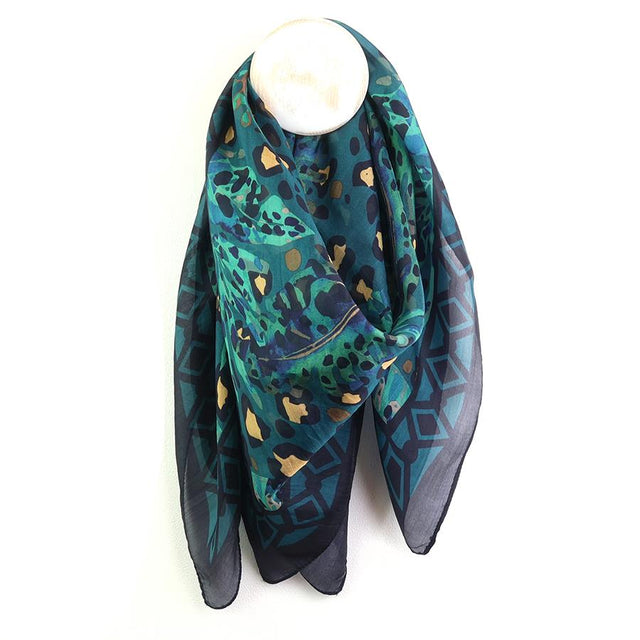 Teal and Navy Botanical Animal Print Square Silk Scarf