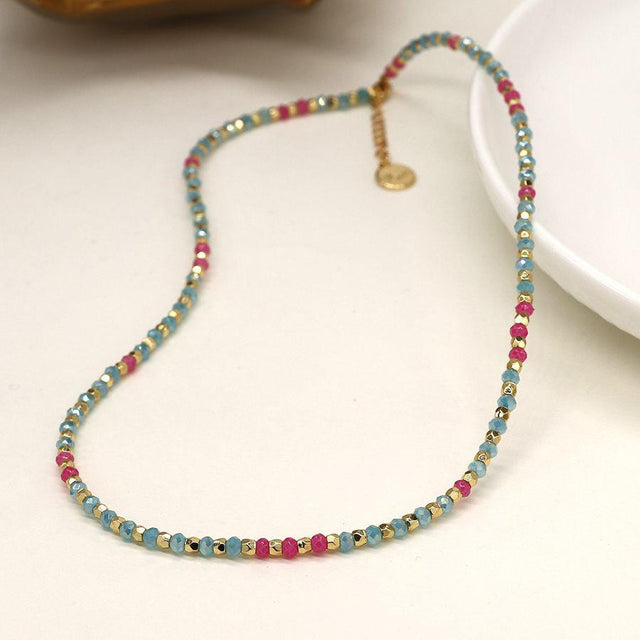 Pom Boutique Aqua Blue and Pink Glass Beads Necklace