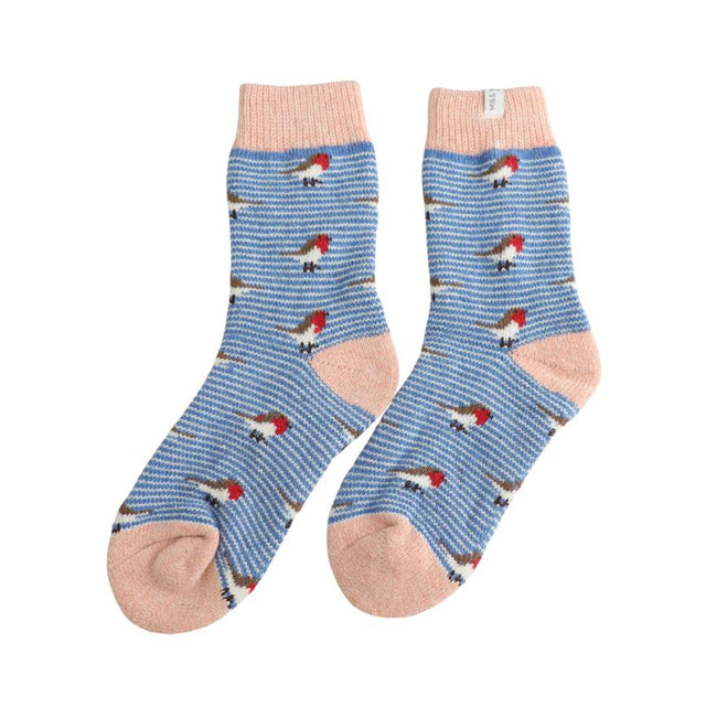 Thick Robins on Denim Stripe Women's Wool Socks