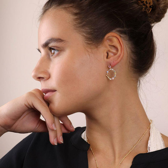 Pom Boutique Decorative Multi Crystal Hoop Earrings on Model