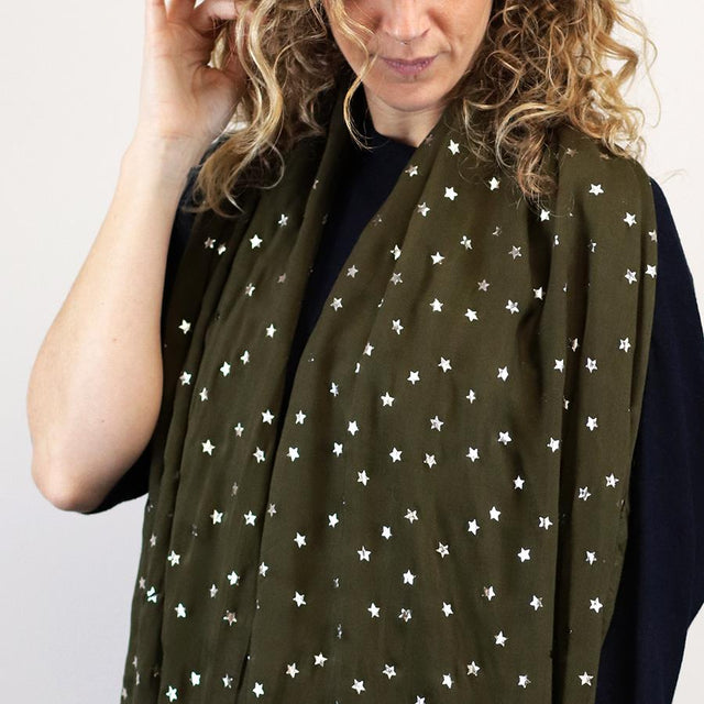 Pine Green Scarf with Metallic Star Print