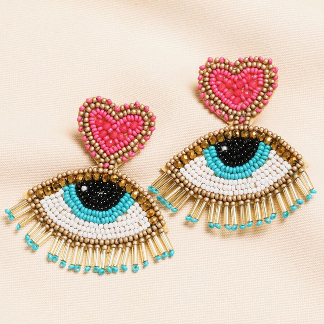 Beaded Heart Eye Drop Earrings