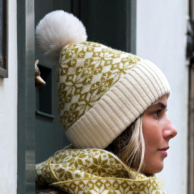 Olive Green & Cream Mix Scandi Star Flower Hat With Faux Fur Pompom