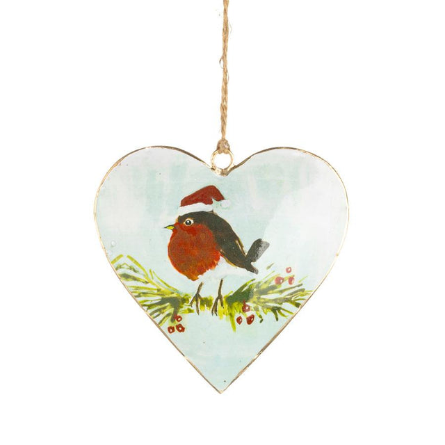 Robin in Hat Heart Shaped Flat Metal Bauble Decoration