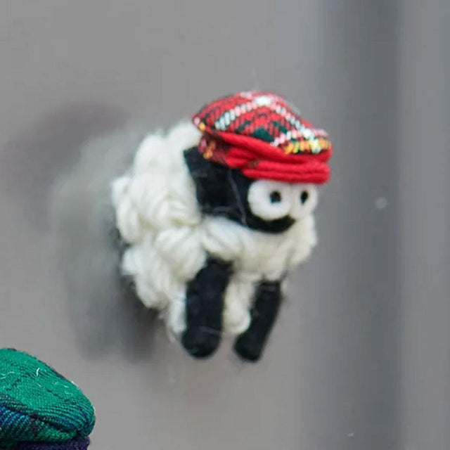 Red Tartan Flat Cap Erin Sheep Magnet in Situ