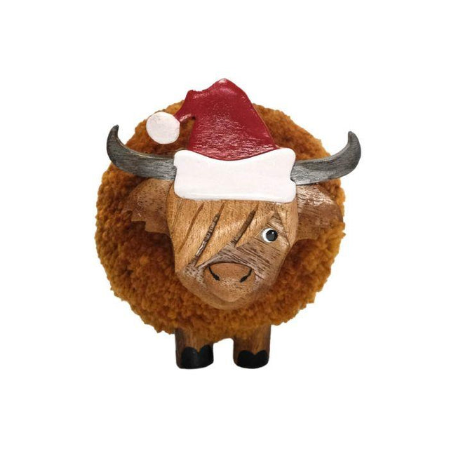 Large Highland Cow Pom Pom with Santa Hat Ornament