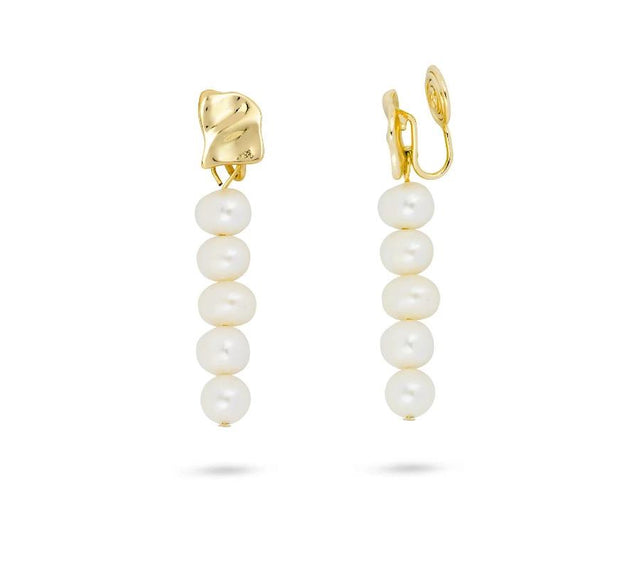 Gold Trip Long Pearl Drop Clip On Earrings in Gold