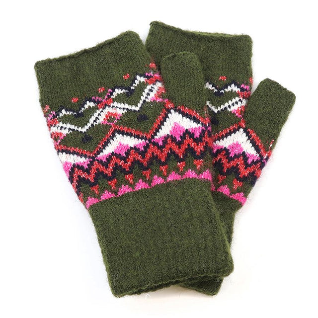 Deep Khaki and Pink Mix Fairisle Border Wristwarmers Close Up