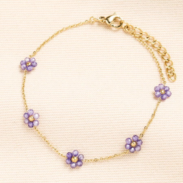 Gold Purple Flower Beaded Chain Bracelet