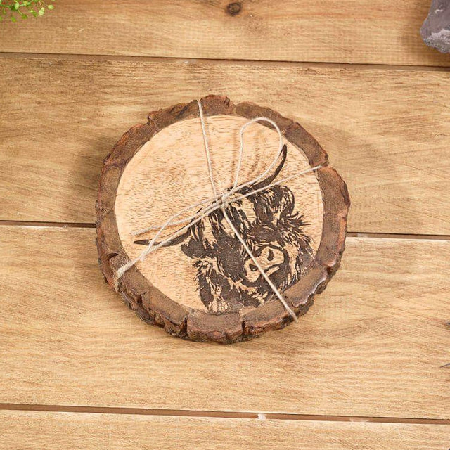 Mango Wood Highland Cow Engraved Coasters Set