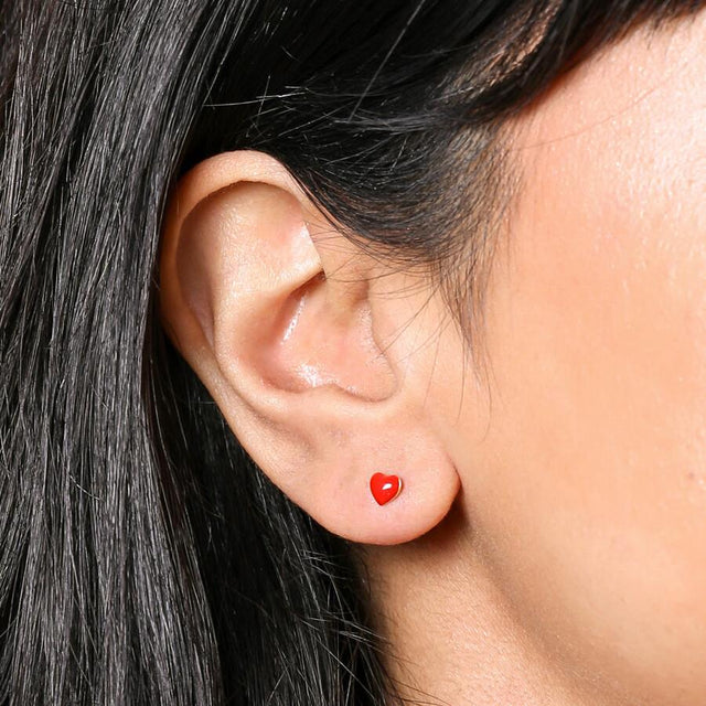 Red Enamel Heart Stud Earrings in Gold