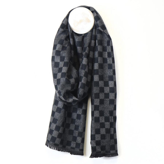 Men's Grey Navy Checkerboard Viscose Scarf