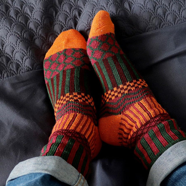 Green and Orange Nordic Patterned Wool Blend Socks