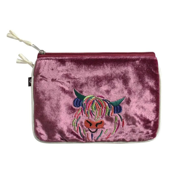 Highland Cow Plum Velvet Zip Purse